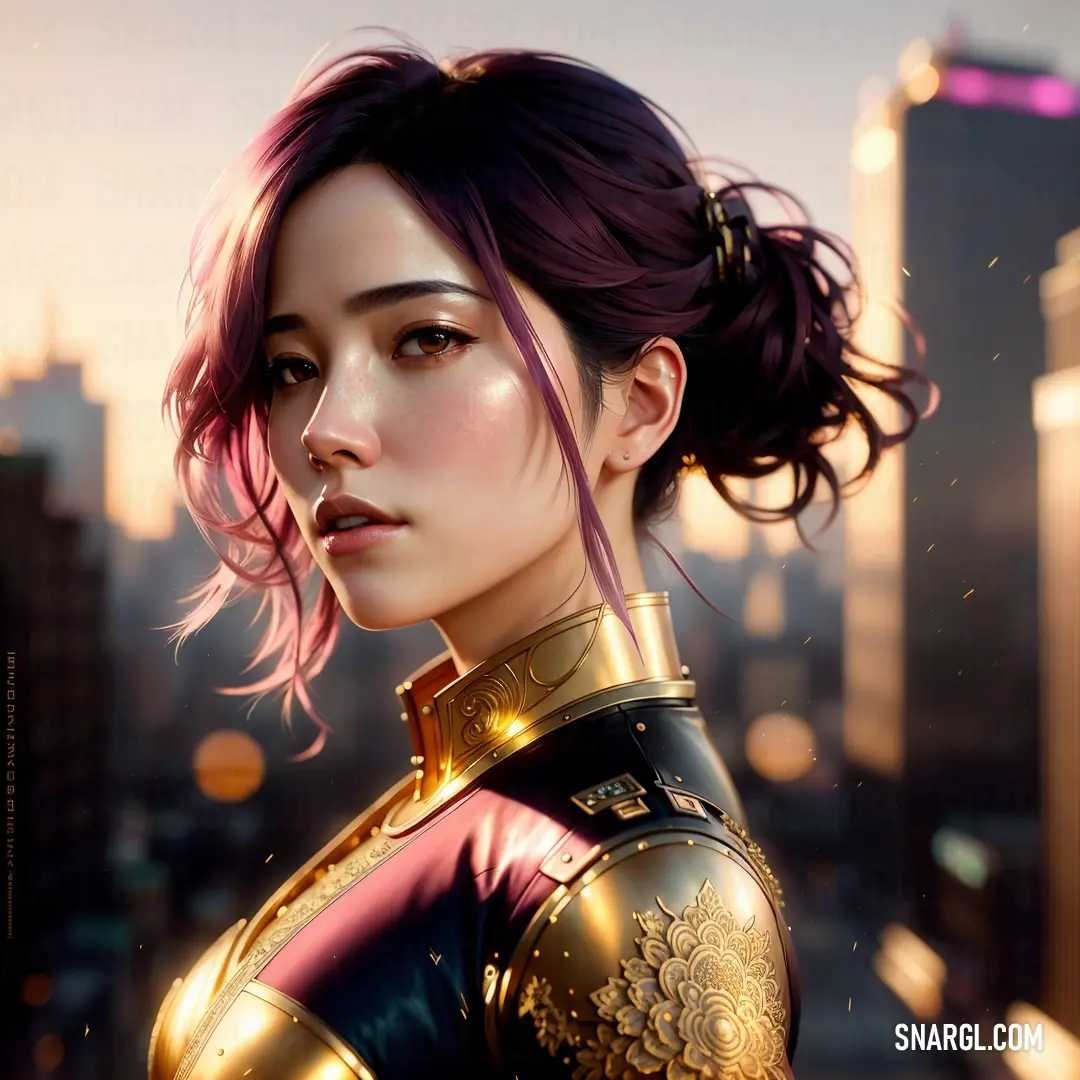 Woman with purple hair and a gold outfit in a city setting with skyscrapers in the background