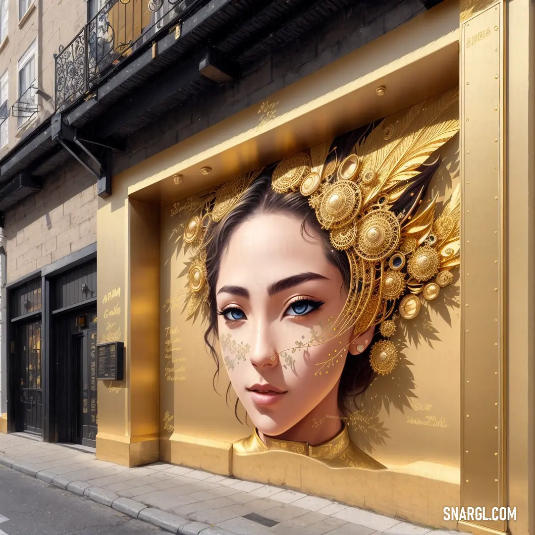 Woman's face is painted on a gold box on a city street with a building in the background
