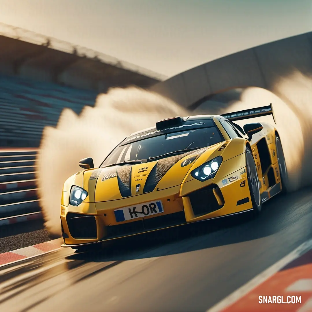 University of California Gold color example: Yellow sports car driving on a track with a lot of dust behind it and a sky background