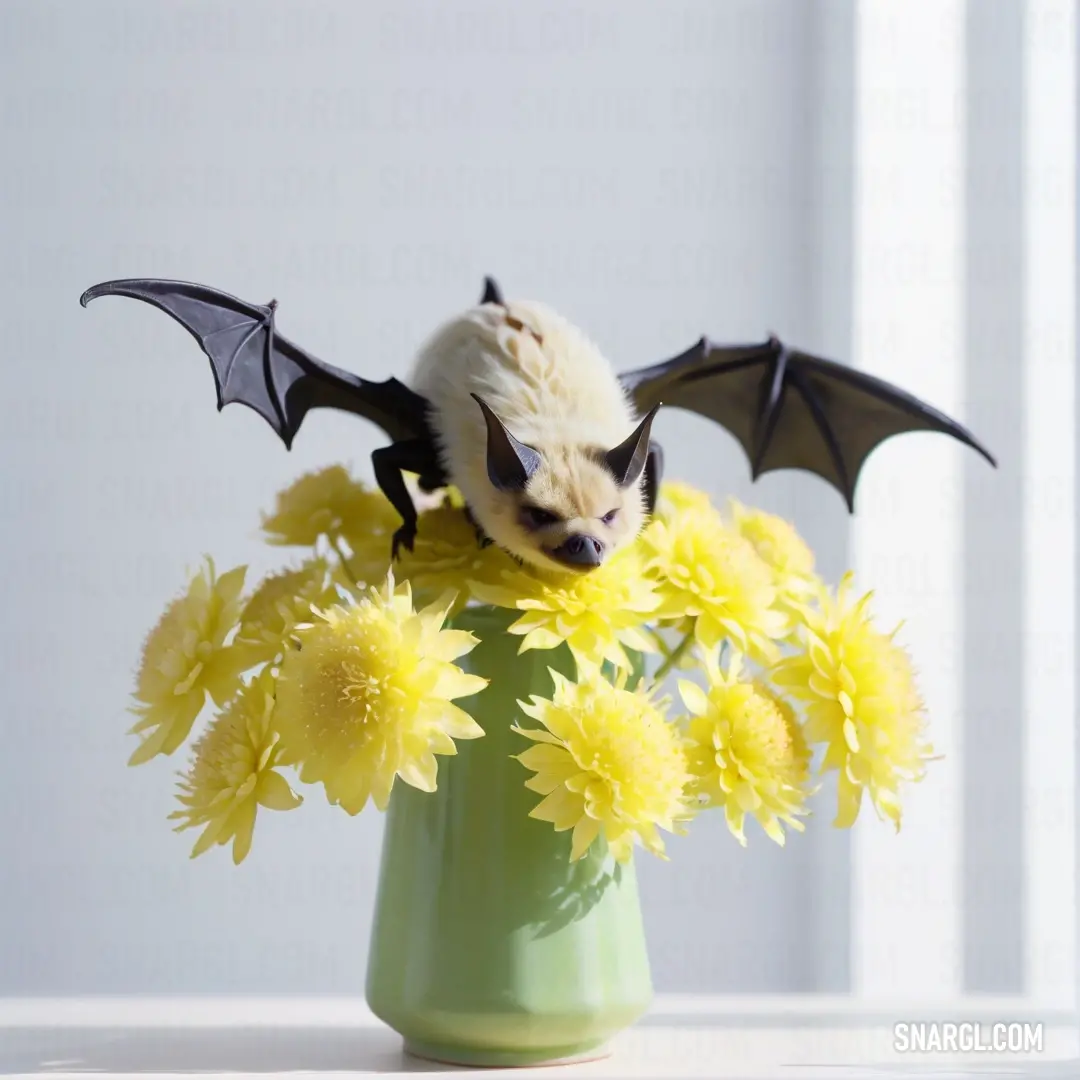 Bat is on a vase of flowers with yellow flowers in it. Example of #FFFF66 color.
