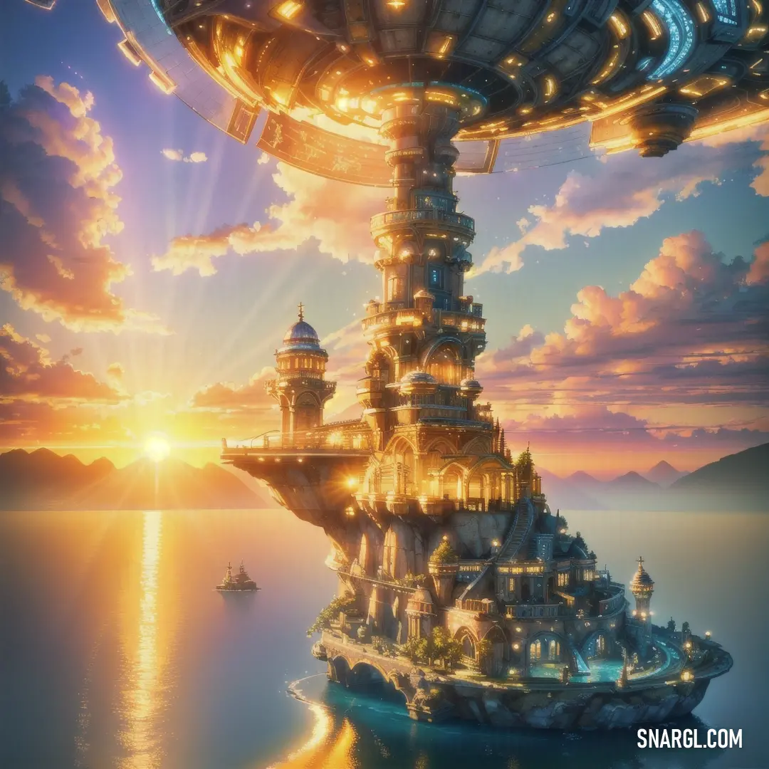 Futuristic city with a large tower on top of it in the middle of the ocean at sunset or sunrise