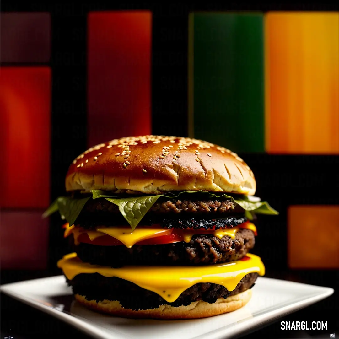 Hamburger with cheese and lettuce on a plate with a colorful background in the background