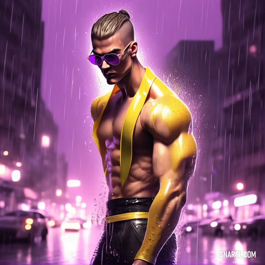 Man in a yellow vest and sunglasses standing in the rain in a city at night with a purple background. Color Unmellow Yellow.