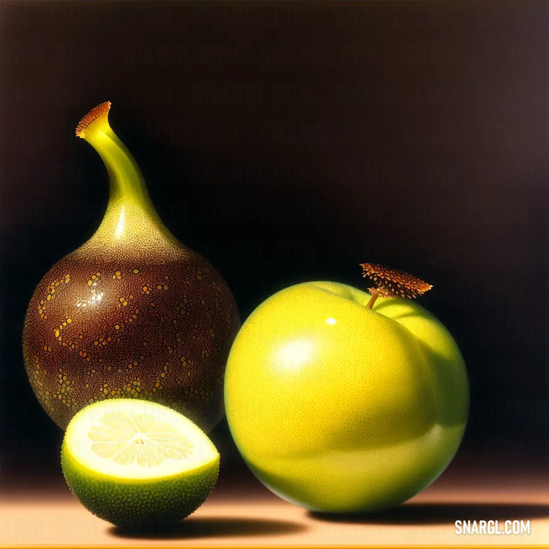 Painting of a green apple and a brown vase with a slice of lemon on it and a half of a lime. Color CMYK 0,0,60,0.