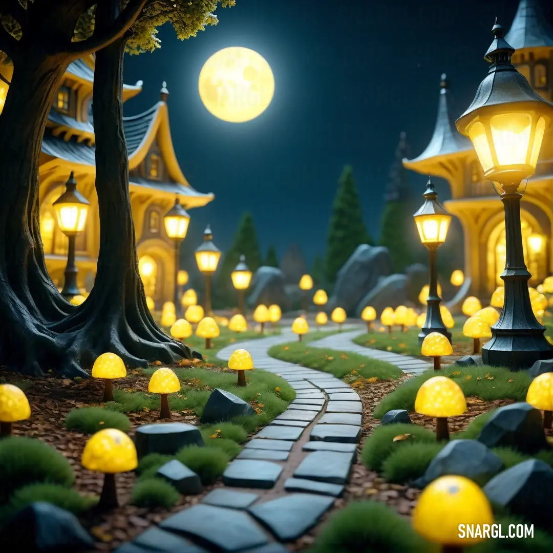 Pathway with glowing mushrooms and trees in the night time with a full moon in the background. Color #FFFF66.