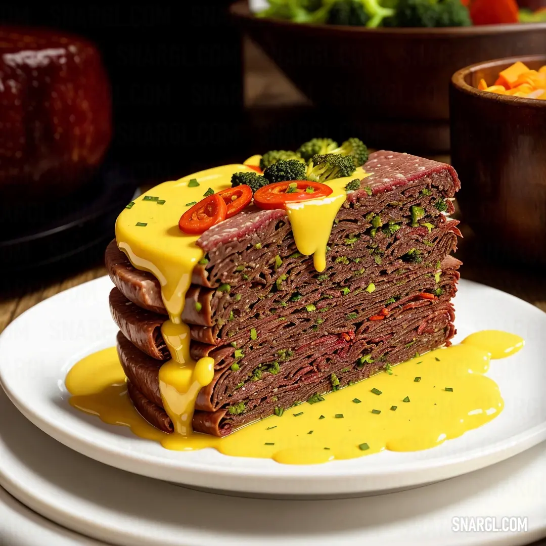 Piece of cake with yellow sauce on a plate with a fork and a bowl of vegetables in the background. Color #FFFF66.