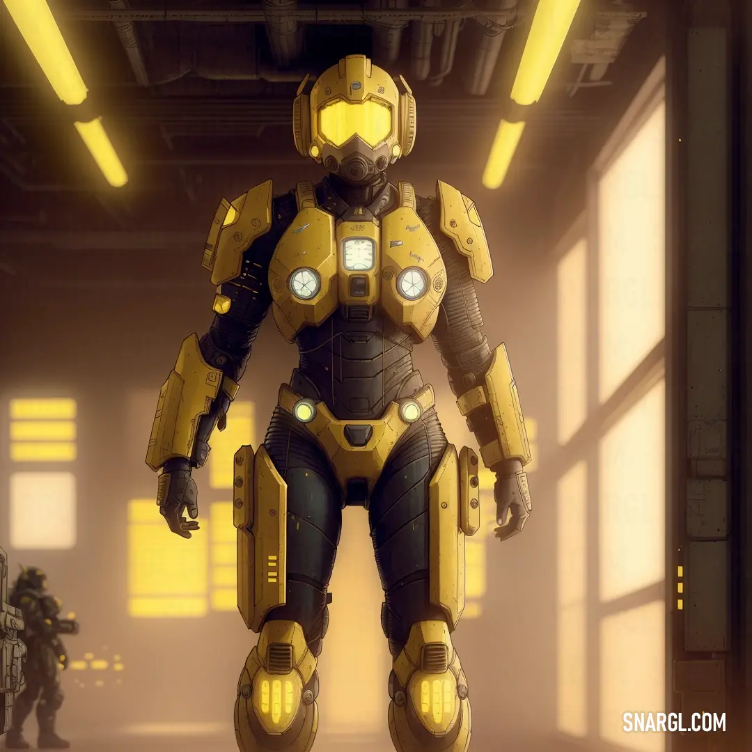 Sci - fi robot standing in a warehouse with yellow lights on it's face and arms