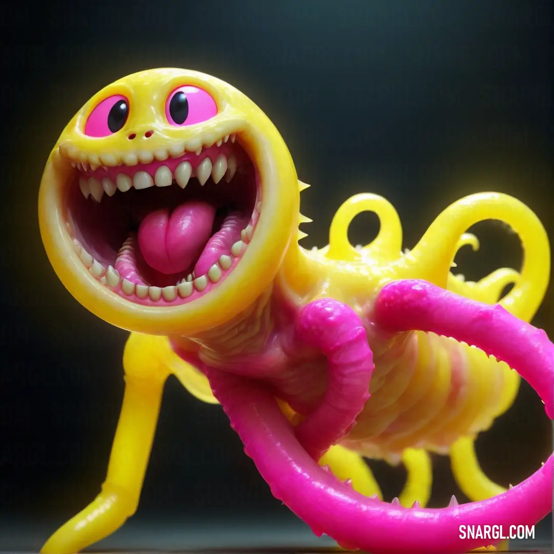 Unmellow Yellow color example: Toy with a weird face and mouth is shown with a pink ring around it's neck and a yellow toy