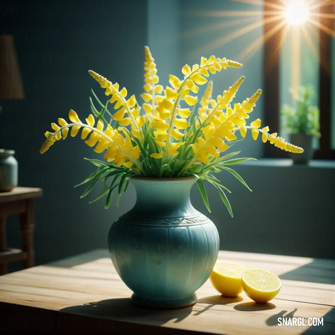 Vase with yellow flowers and a lemon slice on a table in a room with a window and a lamp. Color Unmellow Yellow.