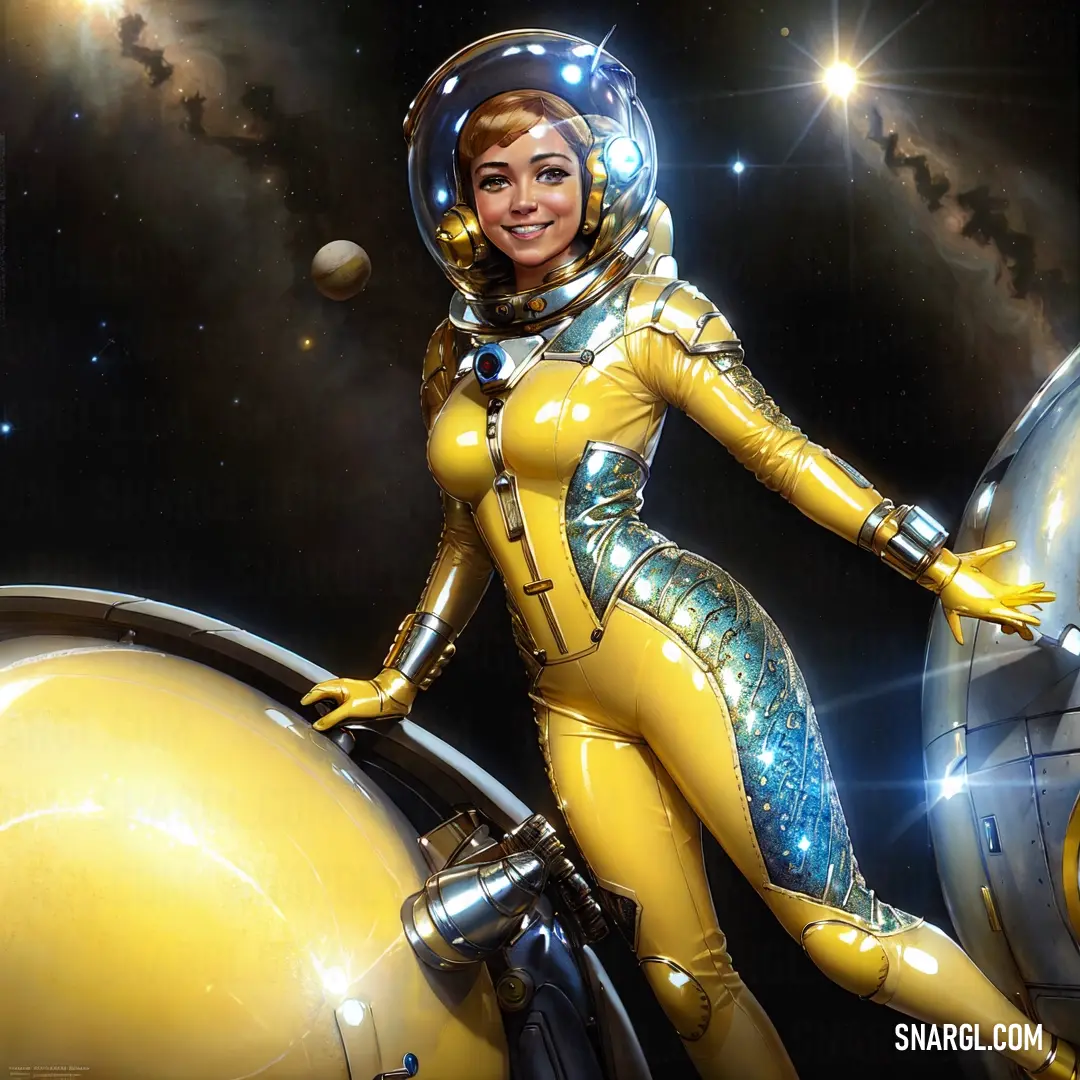 Woman in a yellow space suit standing on a yellow object in the sky with stars in the background. Color #FFFF66.