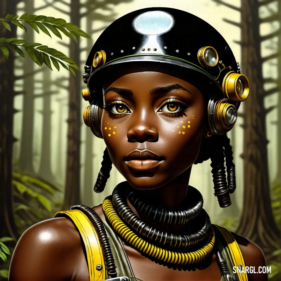 Woman with a helmet and a necklace on her neck in a forest with trees and leaves on the background. Example of RGB 255,255,102 color.