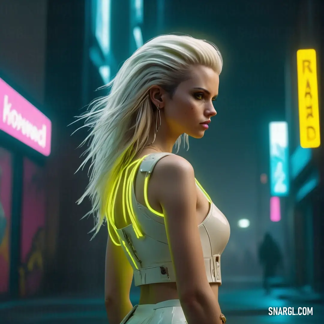 Woman with blonde hair and neon lights in a city at night. Color RGB 255,255,102.