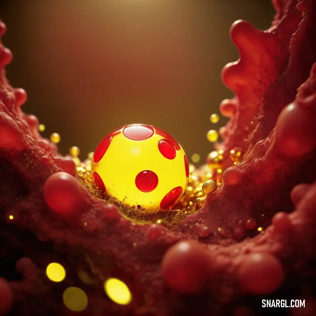 Unmellow Yellow color example: Yellow ball is in a red coral with yellow dots on it and a black background