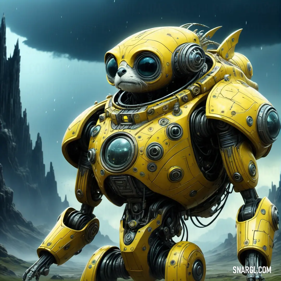 Yellow robot with a big face and a big nose standing in front of a castle with a dark sky. Color Unmellow Yellow.