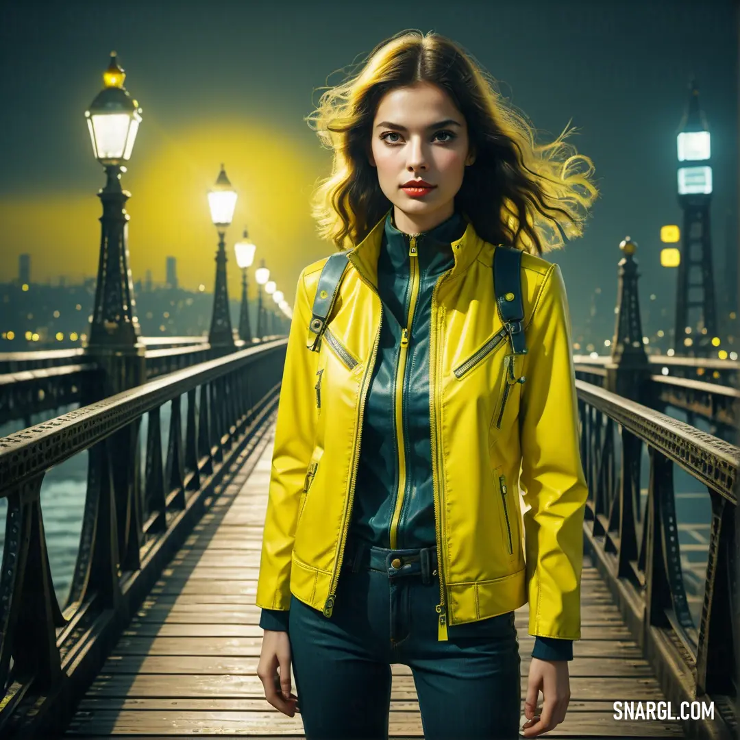 Woman in a yellow jacket is standing on a bridge at night with a street light in the background. Color Unmellow Yellow.