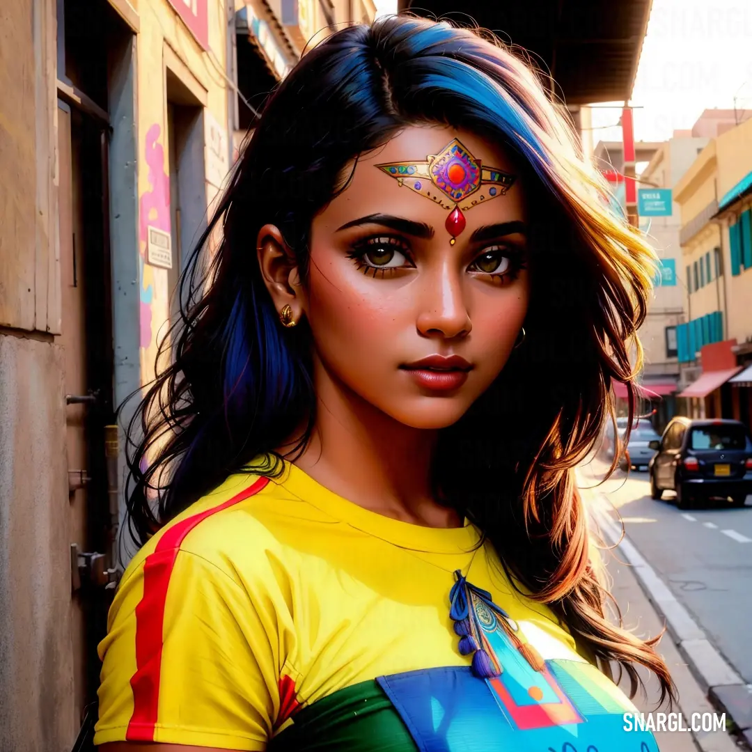 Woman with a colorful shirt and a tattoo on her face and chest standing on a city street with buildings