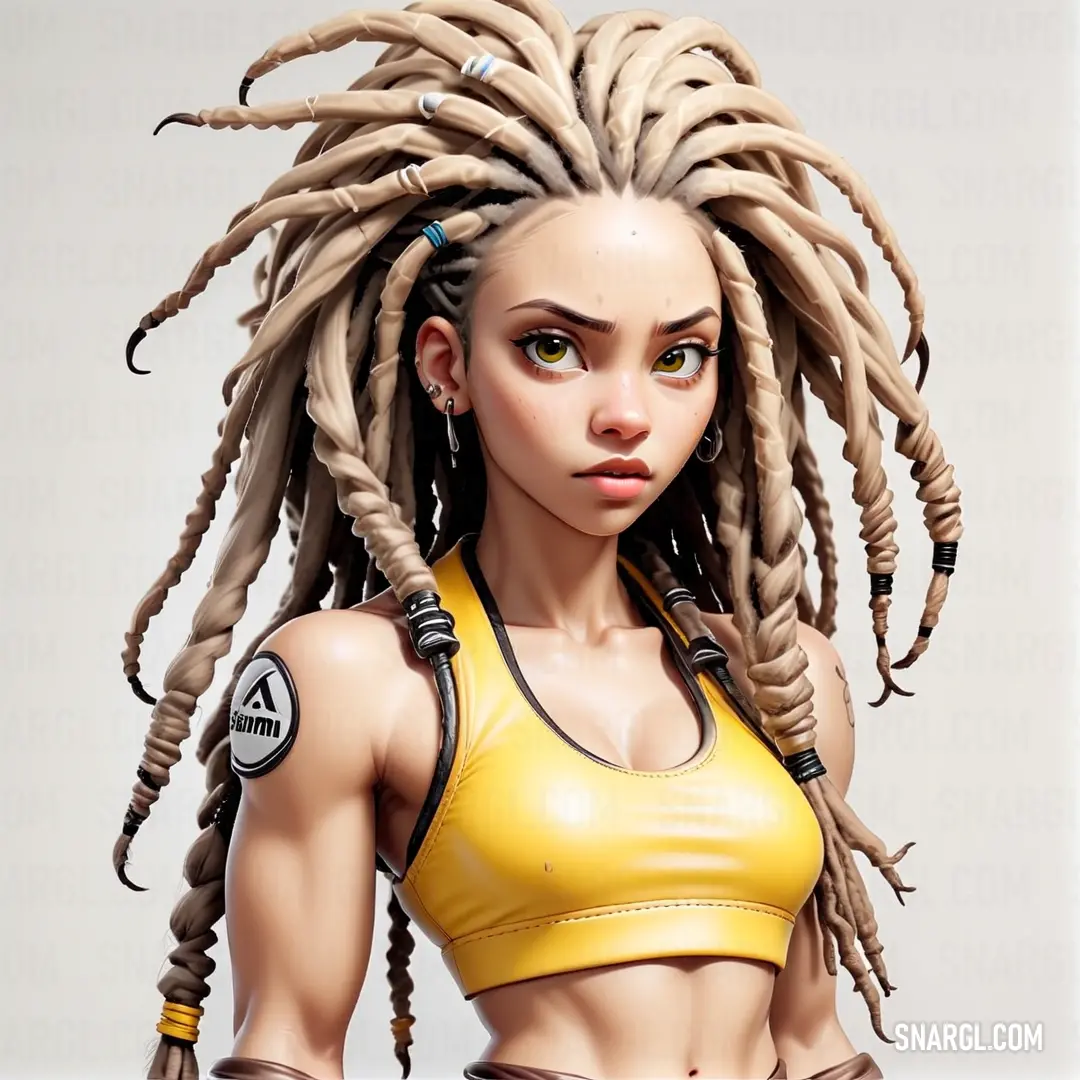 Woman with dreadlocks and a yellow top is posing for a picture with a camera in her hand. Color CMYK 0,0,60,0.