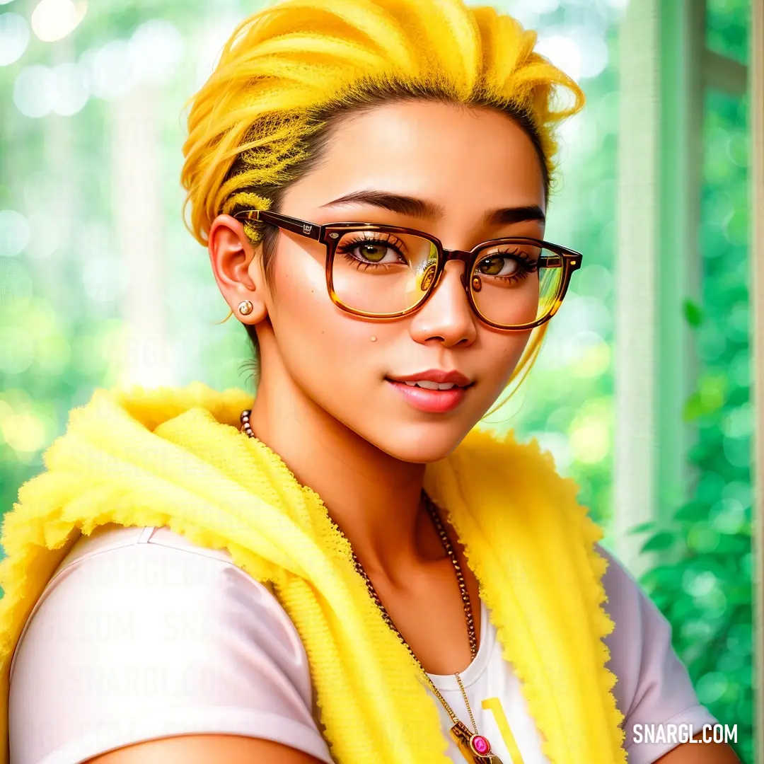 Woman with glasses and a yellow scarf on her head and a green background. Color CMYK 0,0,60,0.