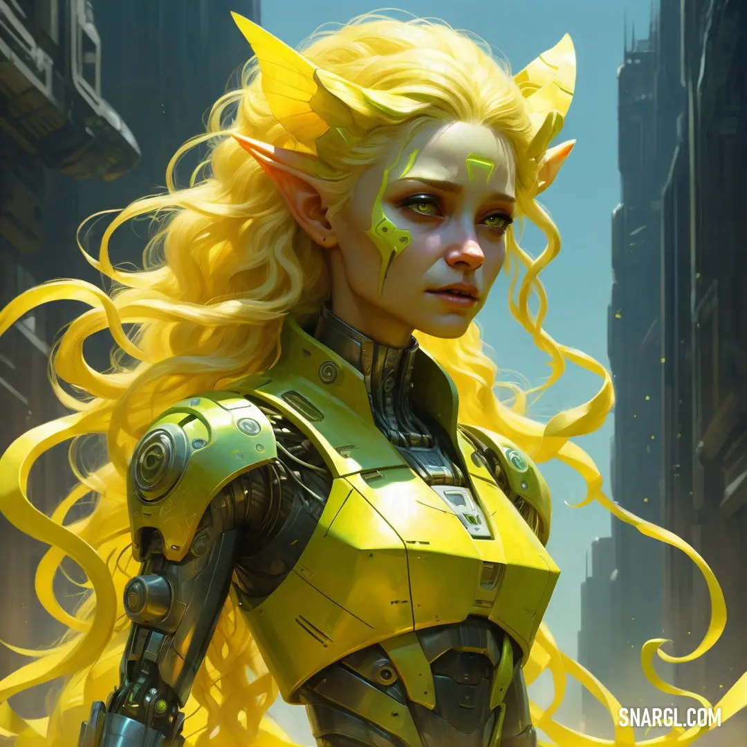 Unmellow Yellow color example: Woman with yellow hair and a yellow outfit on in a city setting with buildings