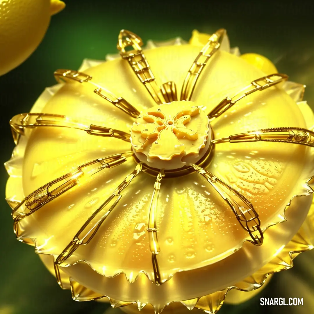 Yellow flower with water droplets on it and a lemon in the background with a green leafy background