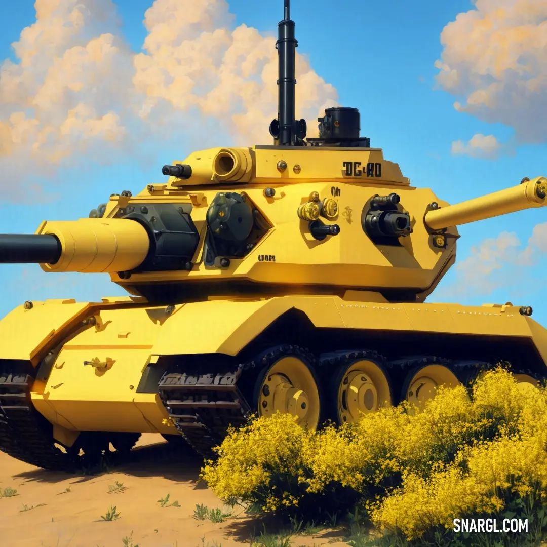 Yellow tank on top of a field of yellow flowers and grass with a blue sky in the background