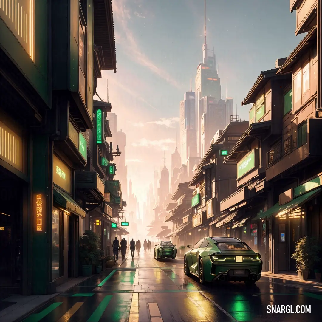 Car driving down a street next to tall buildings in a city at sunset with a green traffic light