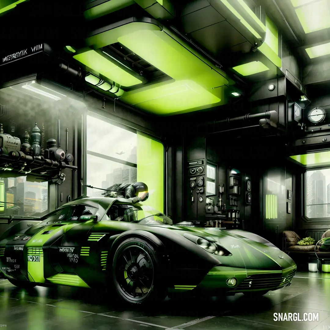 Futuristic car is parked in a green room with a clock on the wall and a green light on the ceiling. Color #014421.