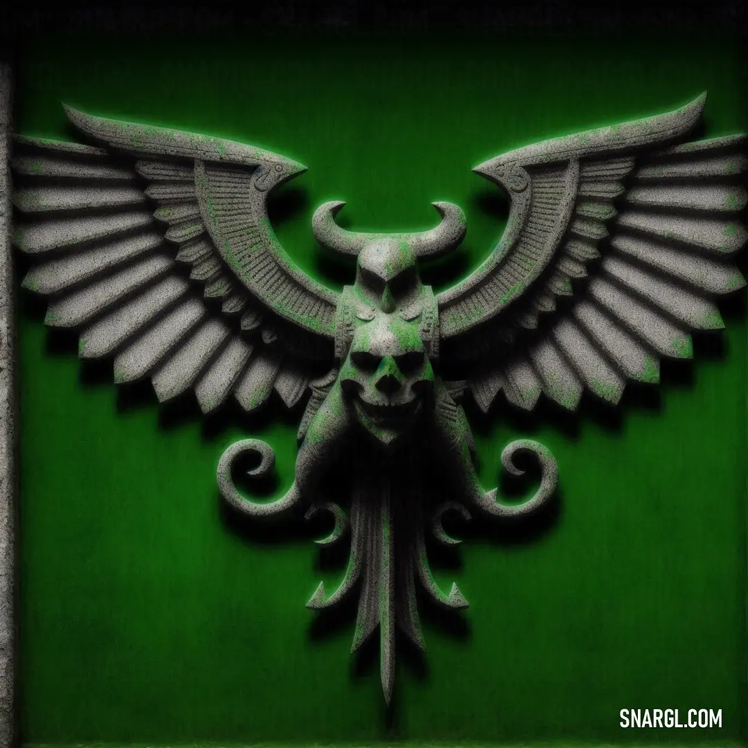Green background with a black and white bird and a skull on it's back and wings on the front