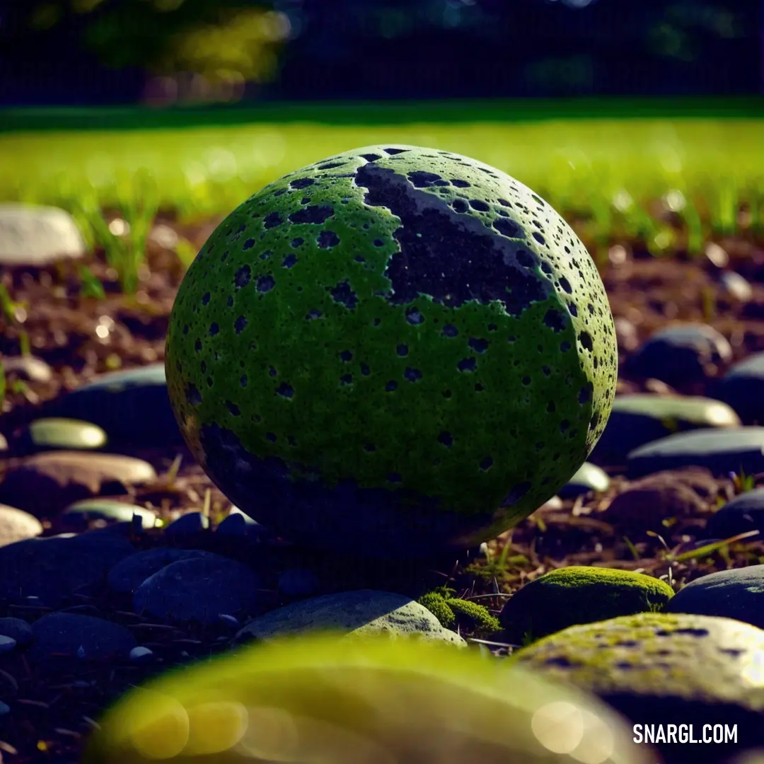 Green ball on top of a pile of rocks in the grass next to a field of rocks