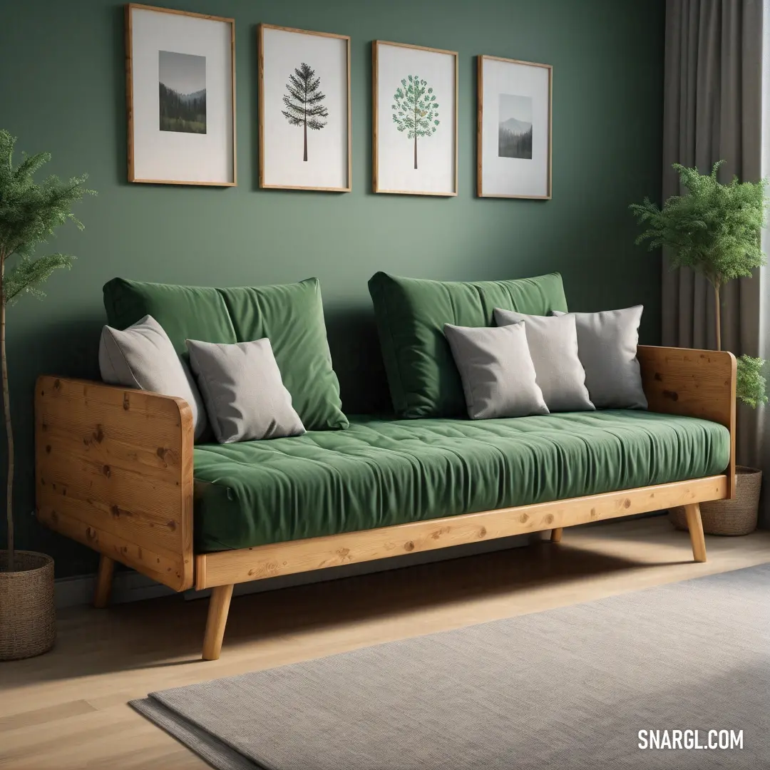 UP Forest green color. Green couch with pillows and a rug in a room with two pictures on the wall