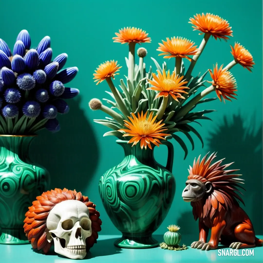 UP Forest green color. Group of vases with flowers and skulls on them on a table next to each other on a blue surface