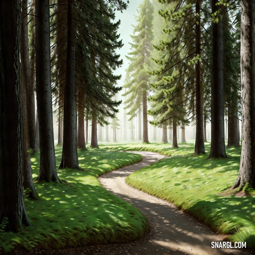 Painting of a path through a forest with trees on both sides of it. Color #014421.
