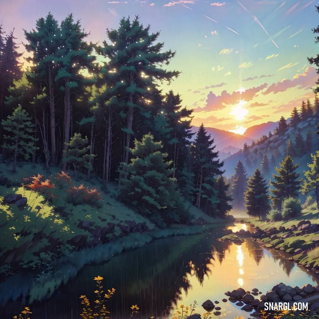 Painting of a river surrounded by trees and rocks at sunset