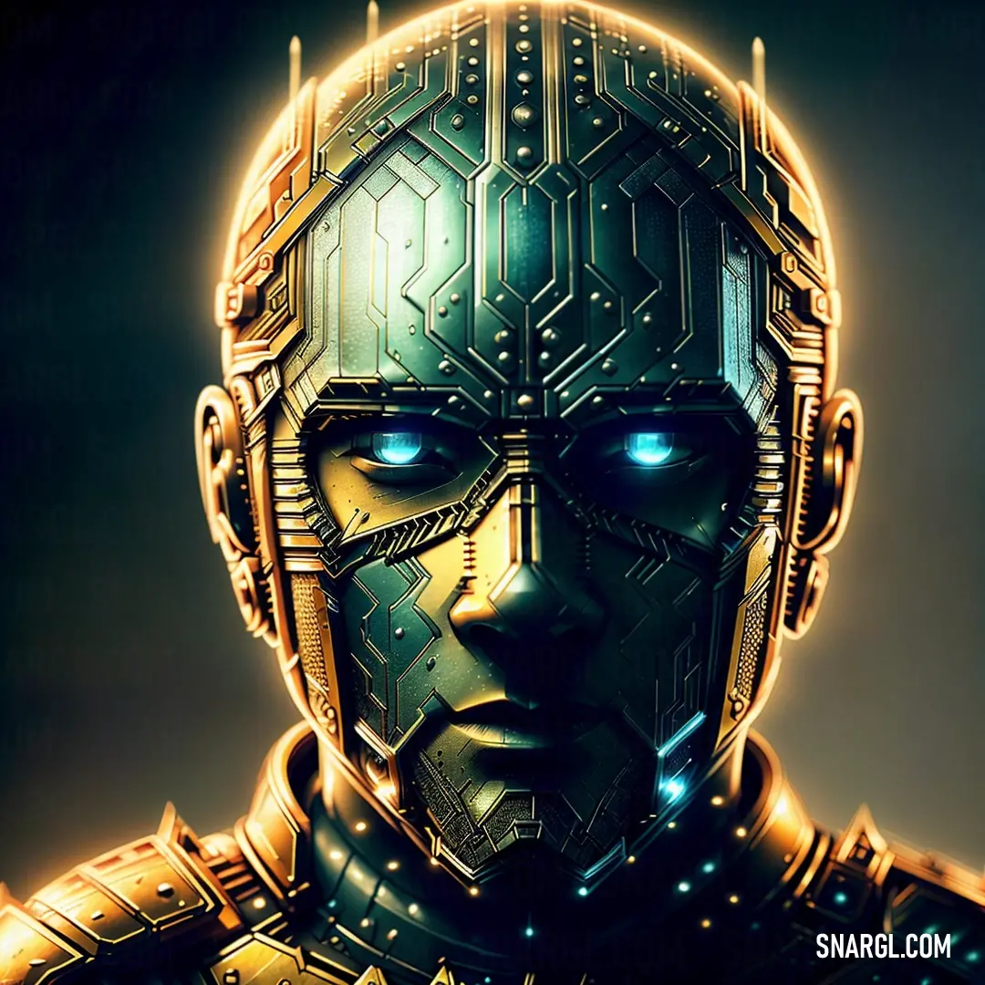 Robot with glowing eyes and a futuristic suit on his face