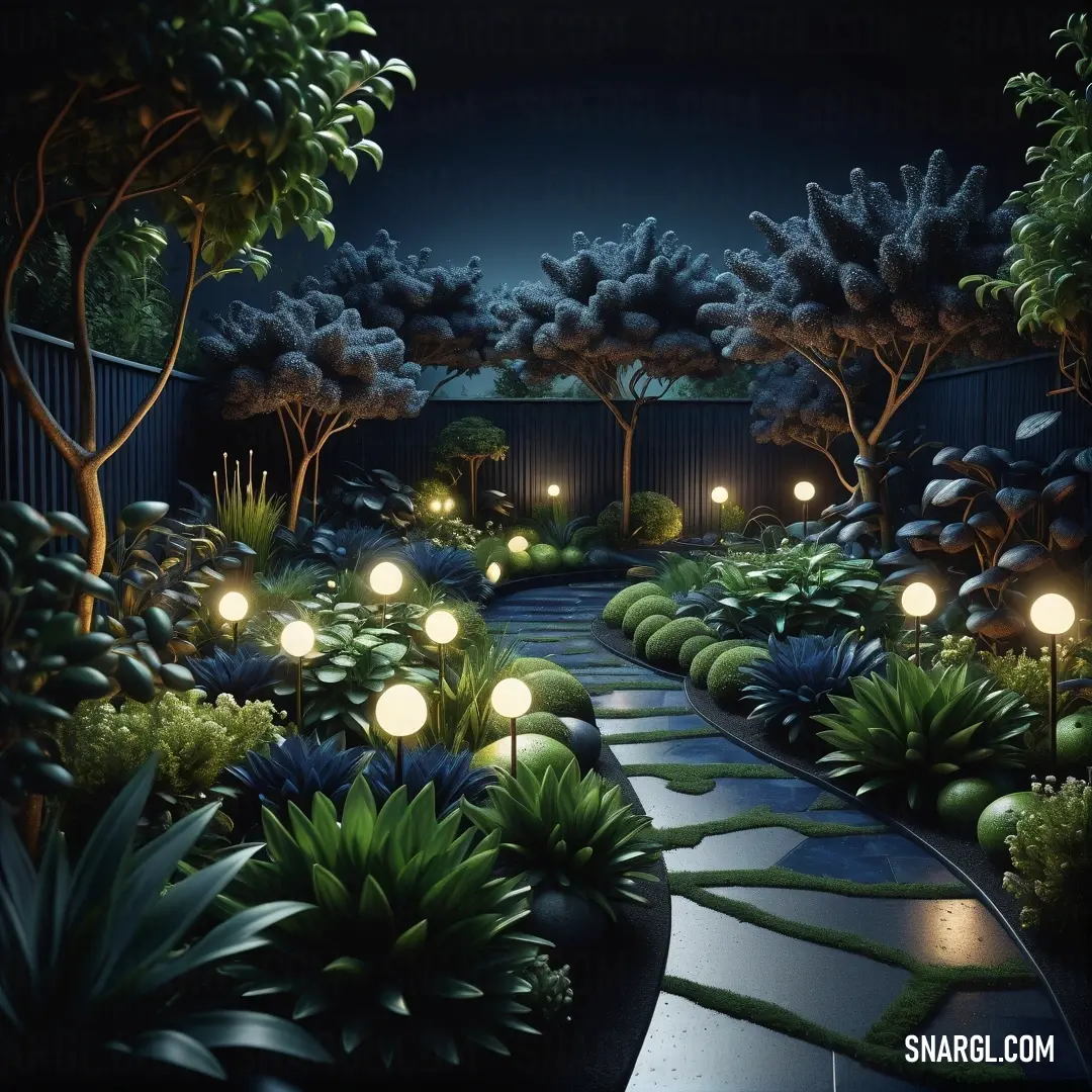 Garden with a path lit up at night with lights on the trees and bushes around it and a fence in the background