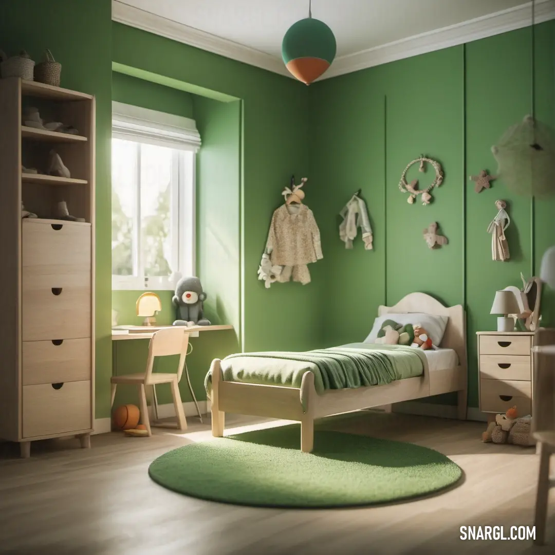 UP Forest green color. Green room with a bed, desk