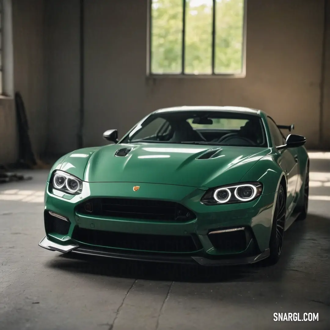 Green sports car parked in a garage next to a window with a light on it's side. Example of CMYK 99,0,51,73 color.