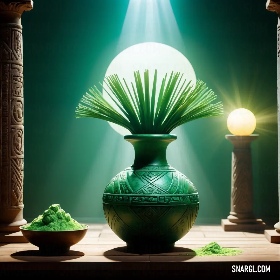 Green vase with a palm leaf decoration on a table with a light shining on it and a bowl of green powder. Color CMYK 99,0,51,73.