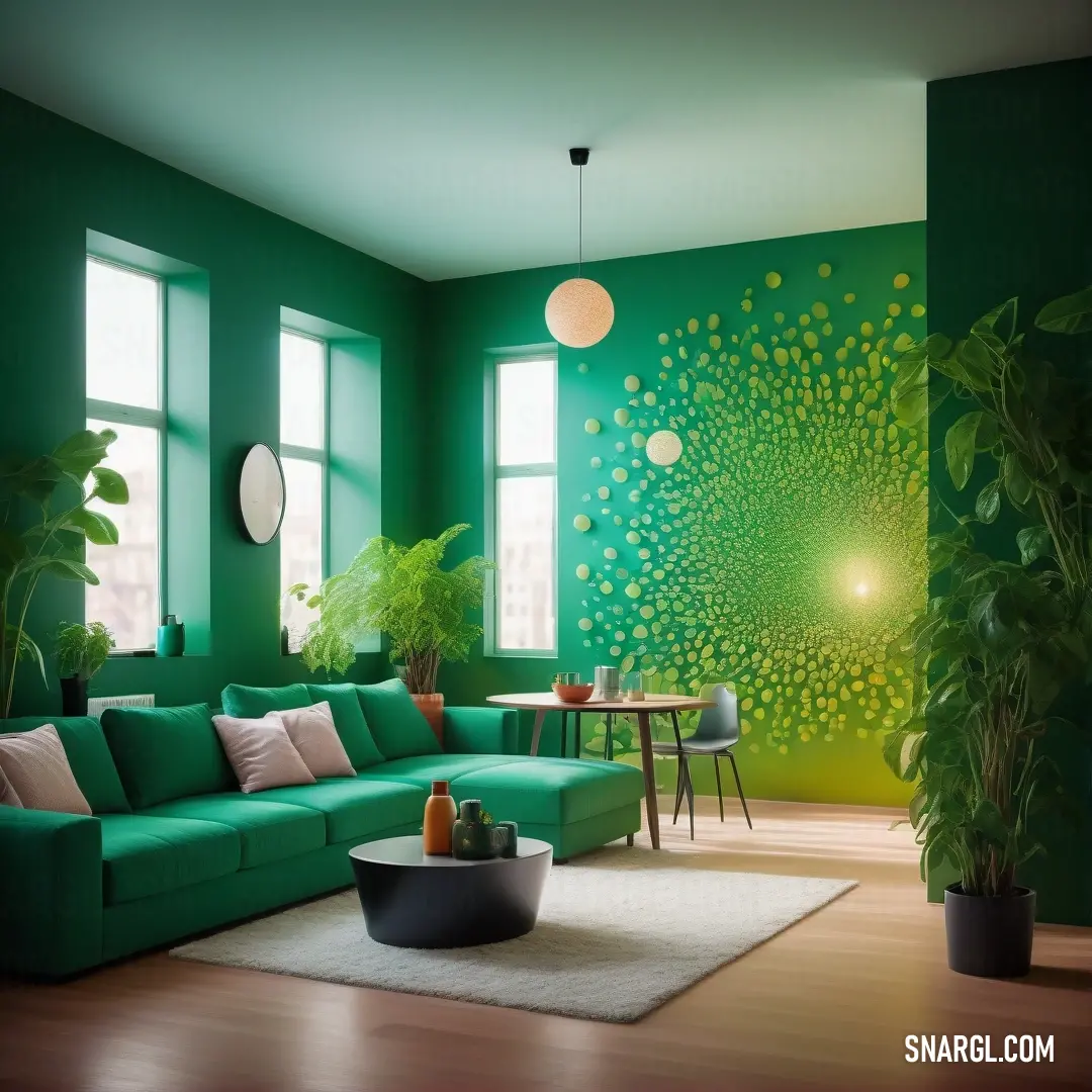 UP Forest green color example: Living room with a green couch and a table with a plant on it and a green wall behind it