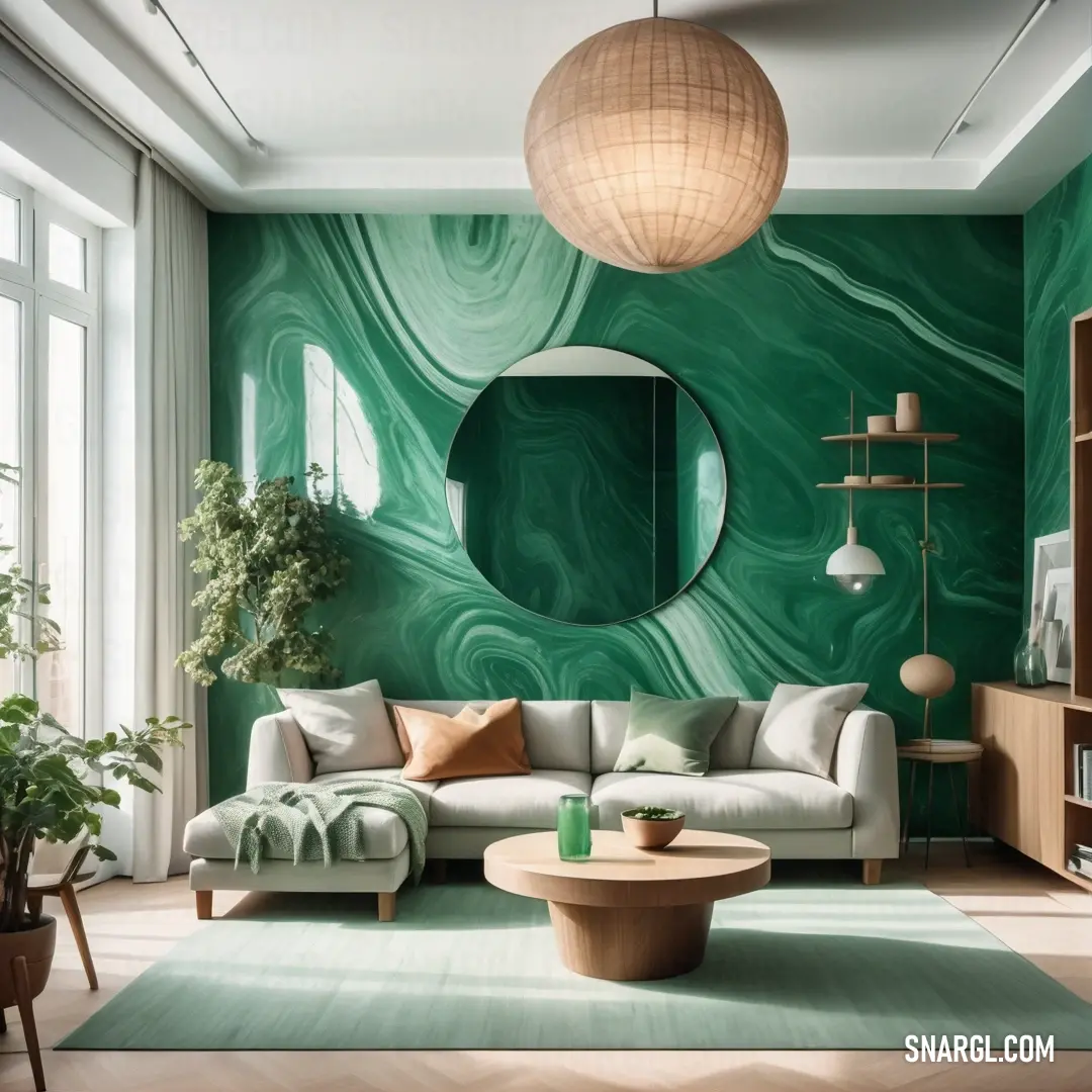 Living room with a green marble wall and a round mirror on the wall above the couch. Color CMYK 99,0,51,73.