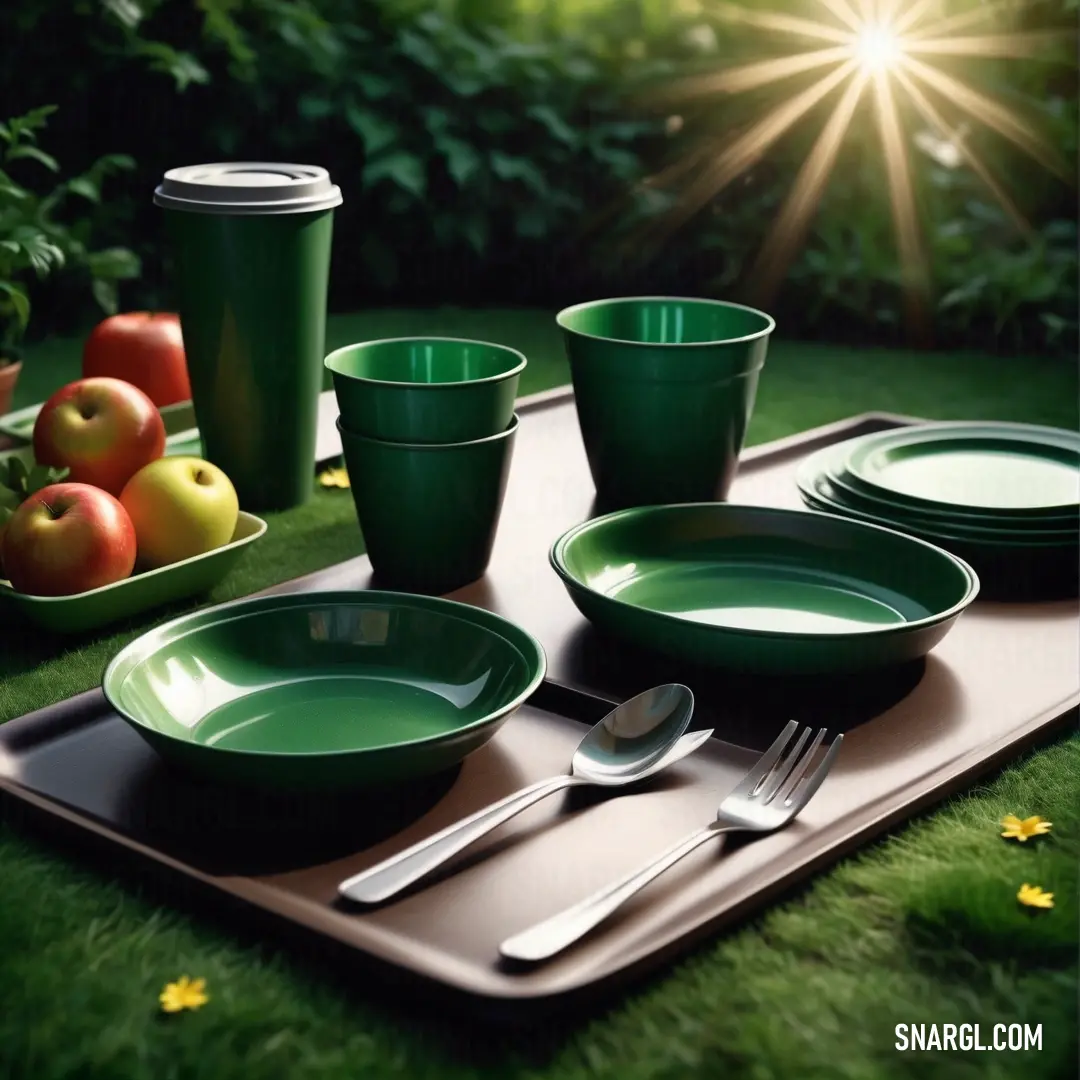 Tray with a green tableware set on it and a green cup and saucer and spoon and a green cup. Example of RGB 1,68,33 color.