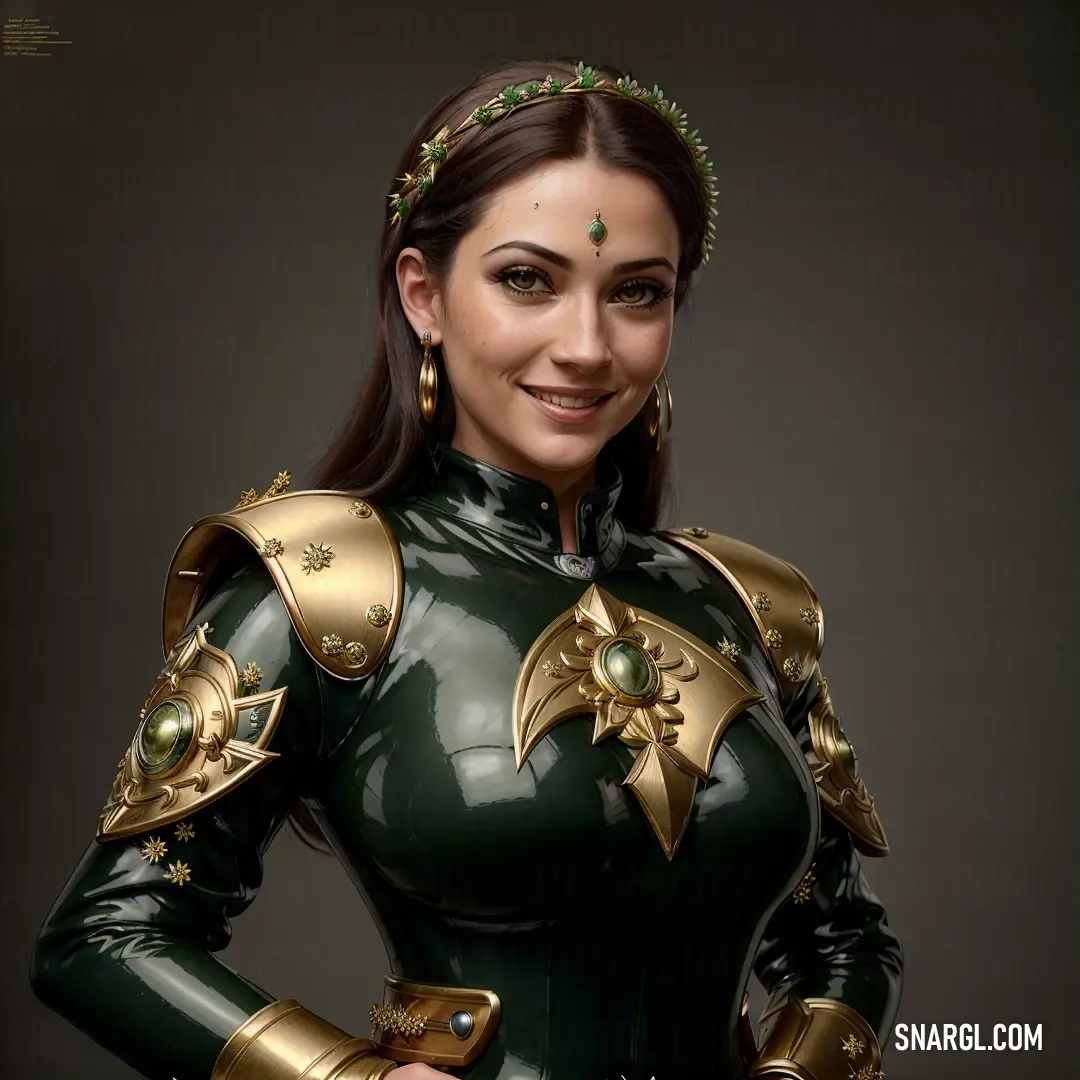 Woman in a green and gold costume posing for a picture with her hands on her hips and smiling
