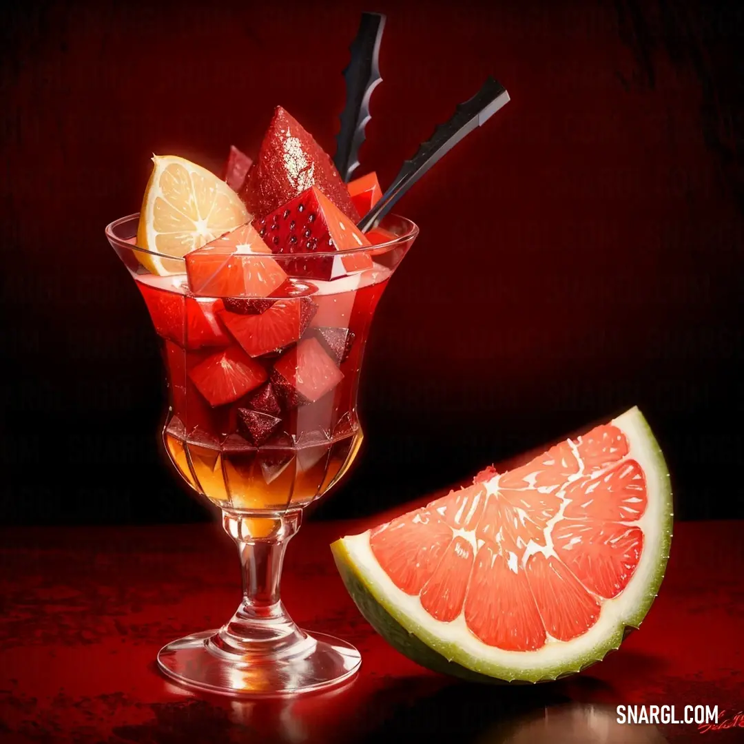 Glass of liquid with a slice of grapefruit and a knife in it next to a cut up grapefruit