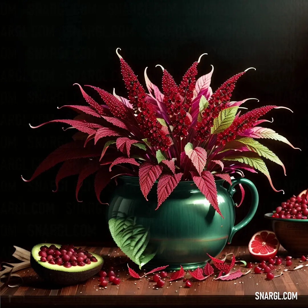Green vase filled with red flowers and pomegranates on a table next to a bowl of fruit