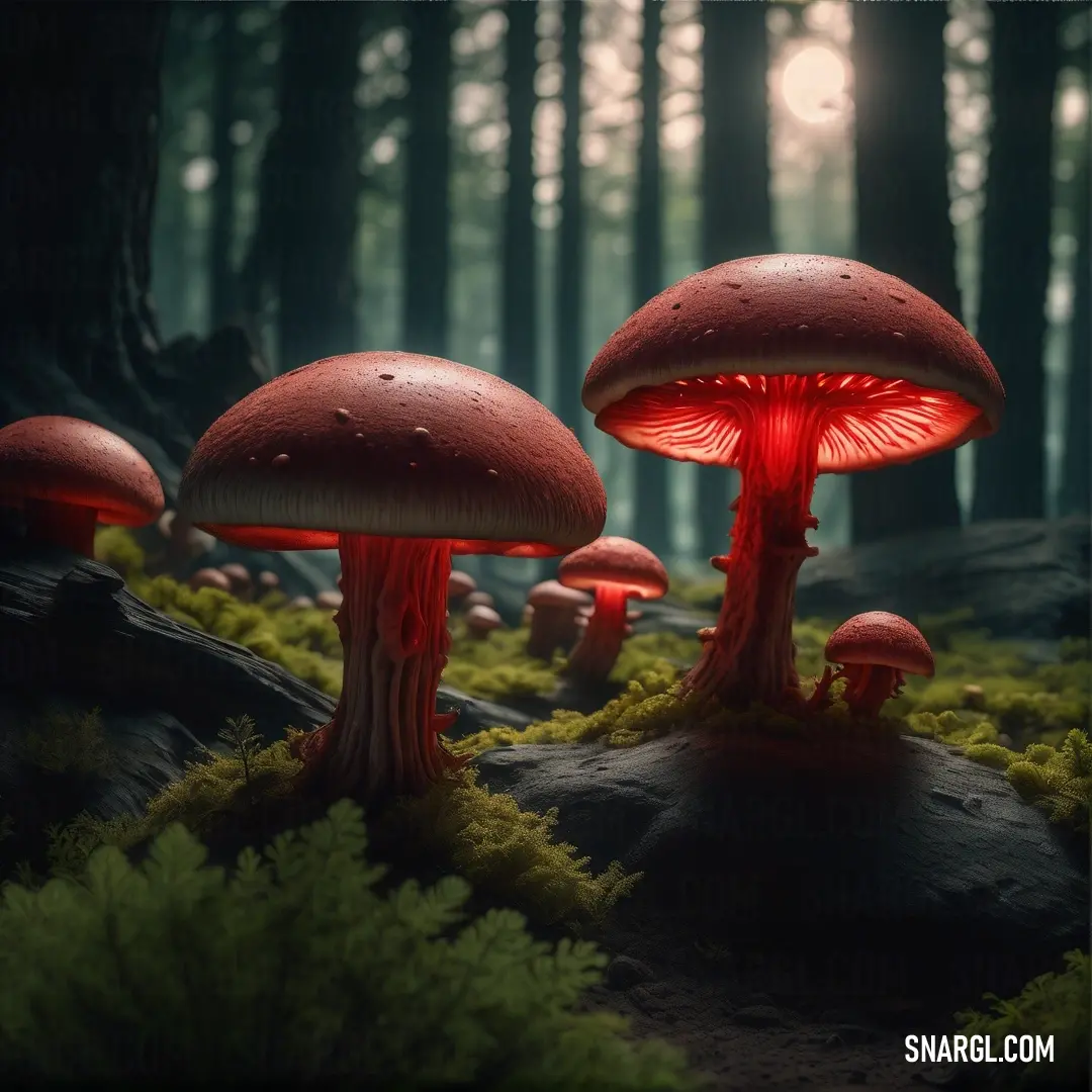 Group of mushrooms that are in the grass near trees and rocks in the woods with a full moon in the background. Example of #7B1113 color.