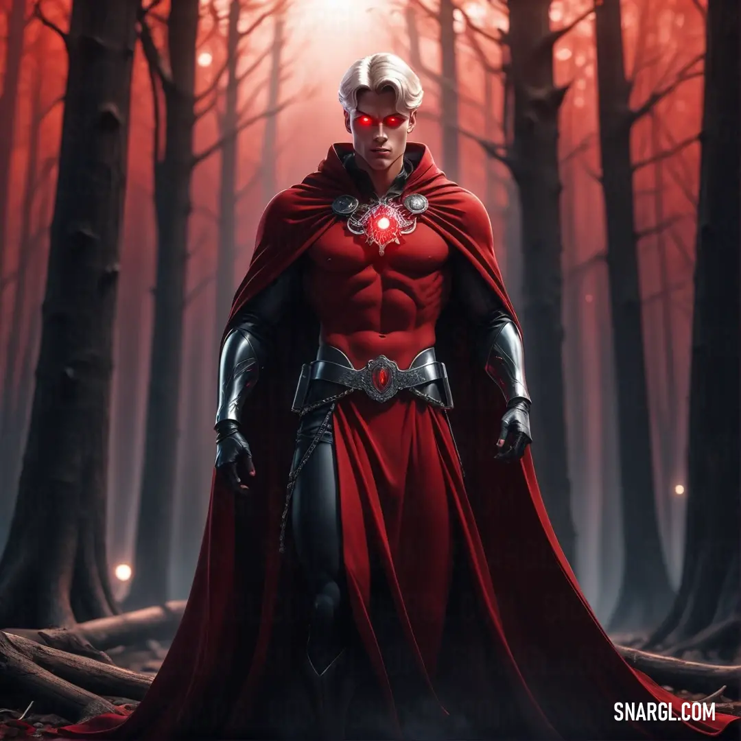 UP Maroon color example: Man in a red cape standing in a forest with a red light on his chest