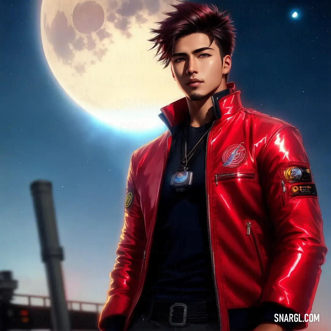 Man in a red jacket standing in front of a full moon and a bridge