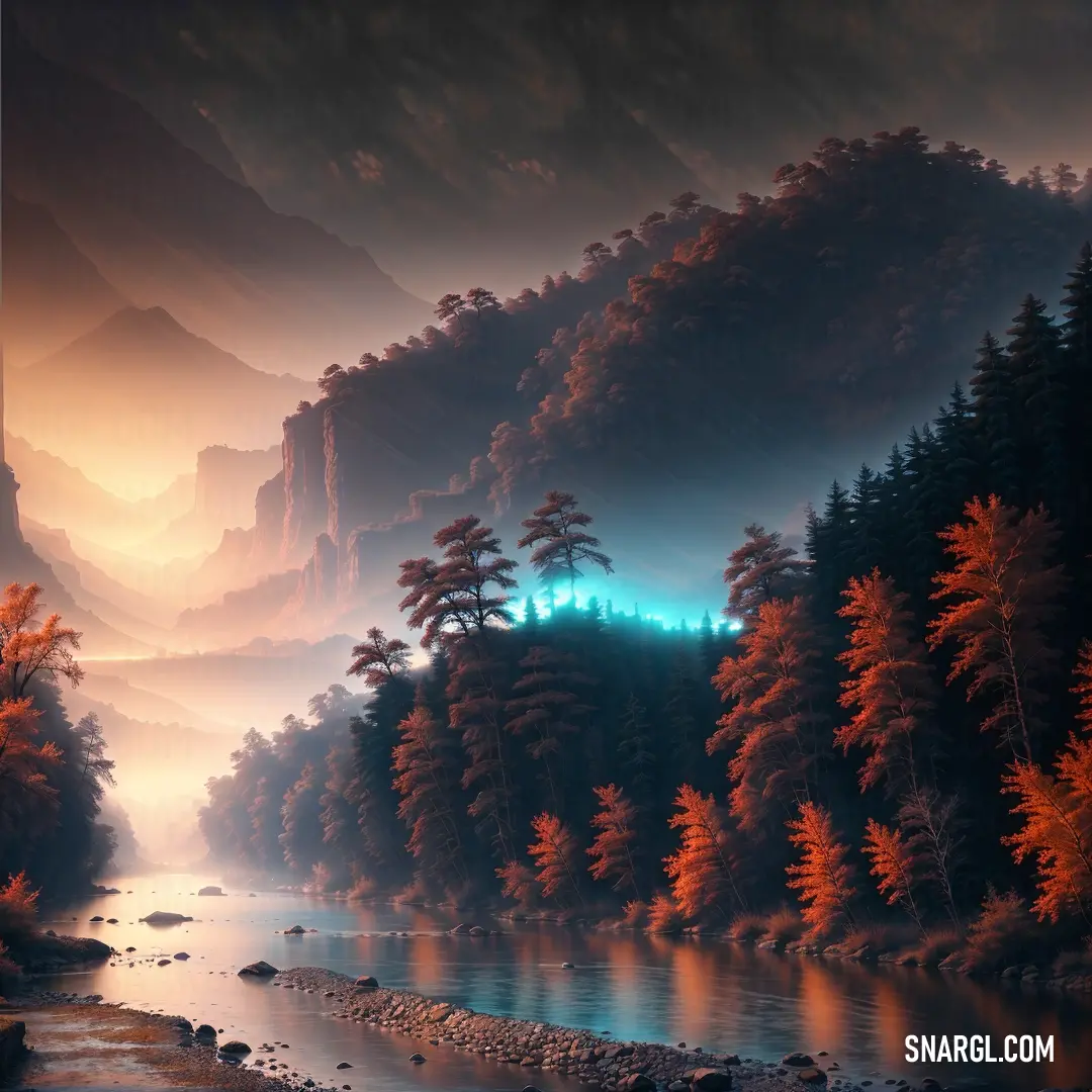 Painting of a river surrounded by trees and mountains with a blue light coming from the top of the mountain