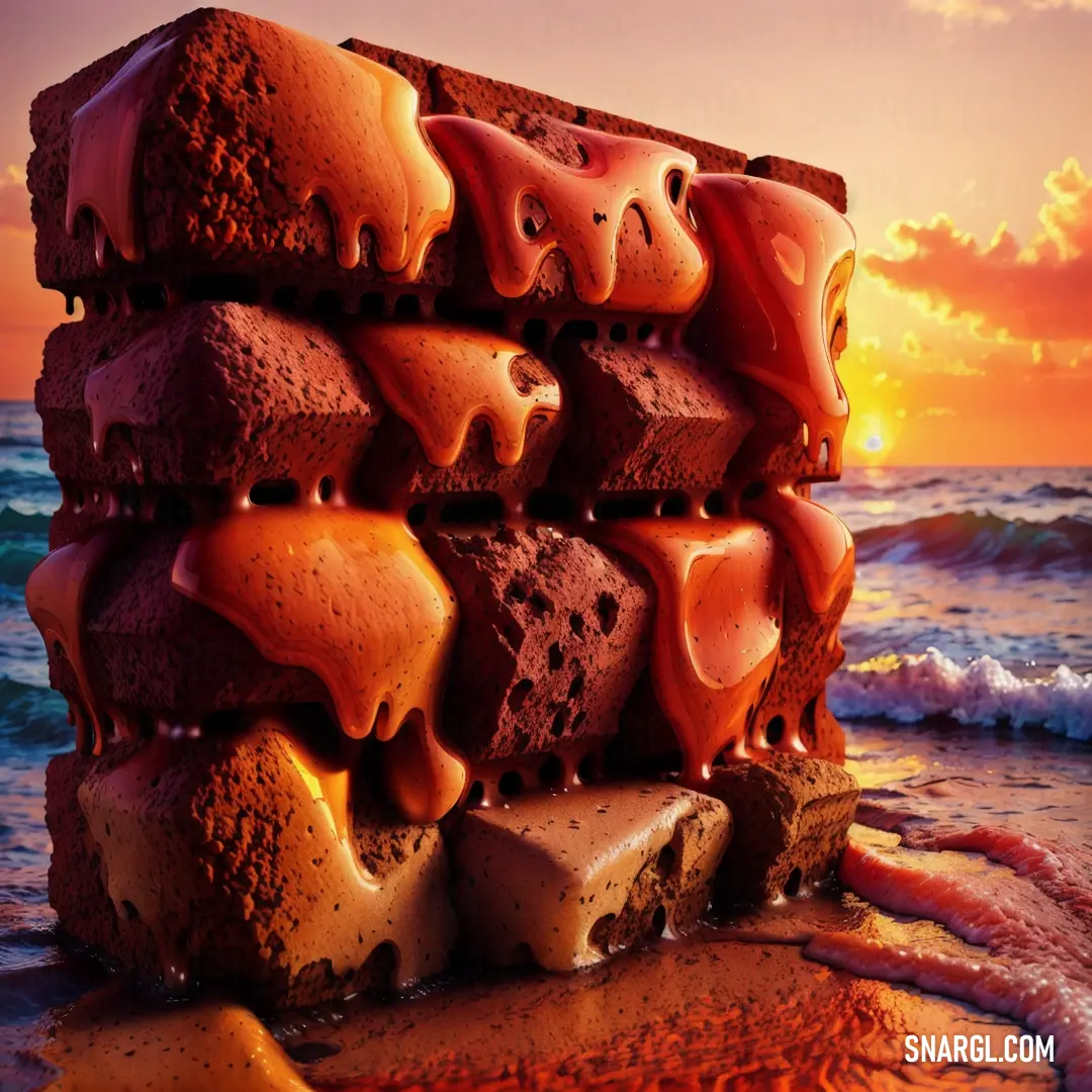 Stack of brownies on top of a sandy beach next to the ocean at sunset with a sky background. Color #7B1113.