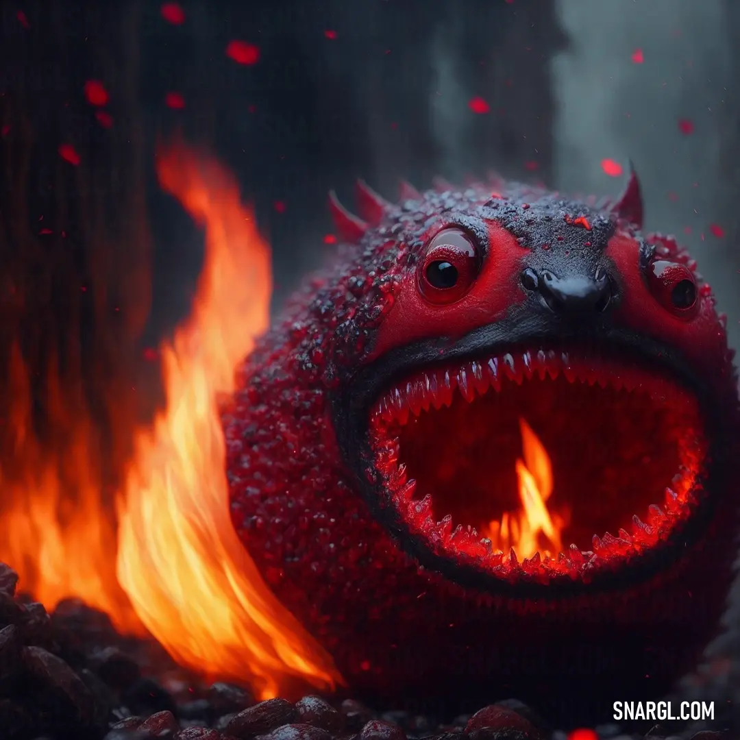 Strange looking object with its mouth open in front of a fire pit with lava surrounding it